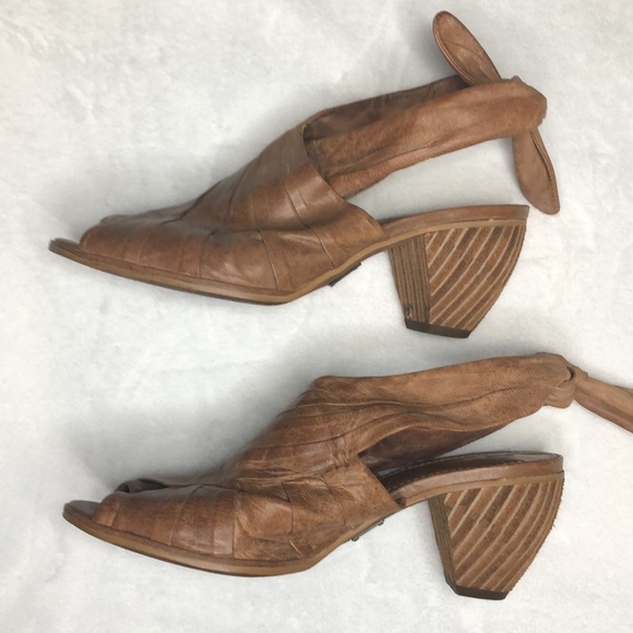 SCHULER & SONS Philadelphia Peep Toe Tie Back Tan Leather Heels 6 - Picture 8 of 11